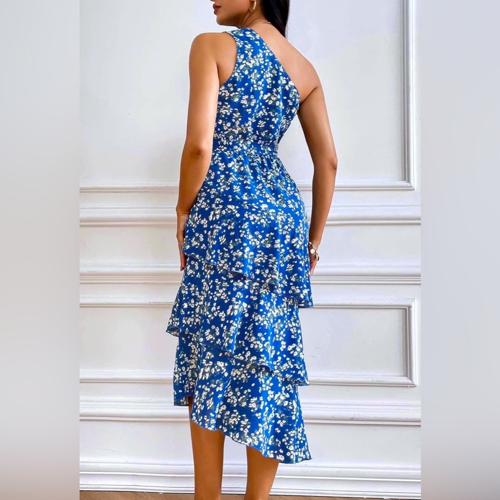 Blue and White Asymmetrical Ruffled One-Shoulder Dress - Picture 2 of 3